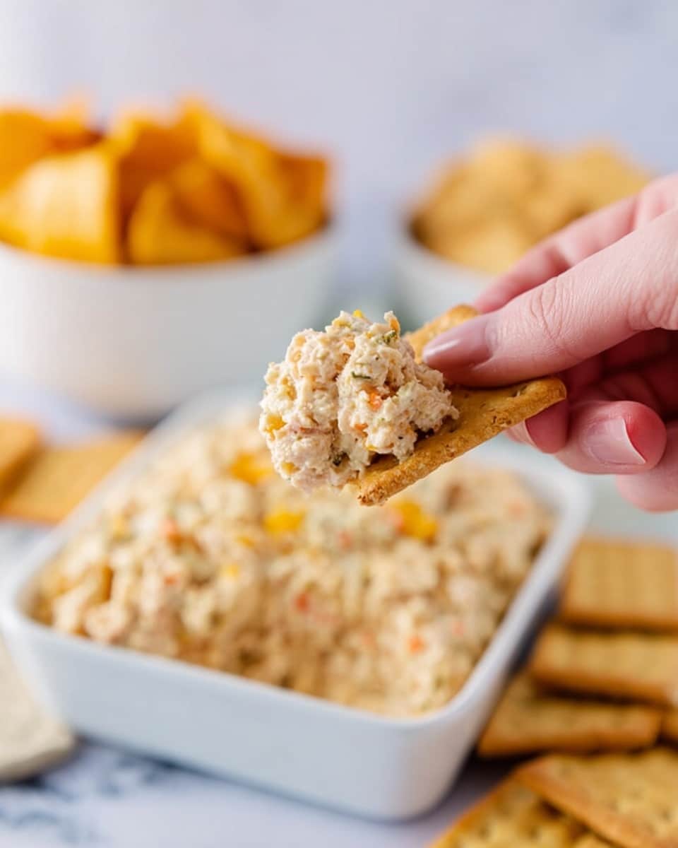 A close-up of a woman's hand holding a beige rectangular cracker topped with a chunky, creamy beige spread with visible small pieces, likely tuna salad. In the background, there is a shallow white square dish filled with the same spread and some small bits of orange and yellow ingredients mixed in. Behind this dish are two blurred white round bowls, one filled with golden crackers and the other with beige rectangular crackers, all set on a white marbled surface. Photo taken with an iphone --ar 4:5 --v 7