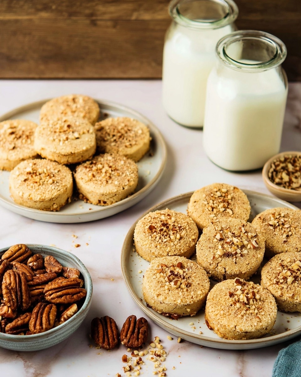 The image shows two white plates on a white marbled surface, each holding several round, light brown cookies topped with chopped nuts. The cookies have a coarse texture and are arranged in a single layer on each plate. Next to the plates is a small bowl filled with whole and broken pecans, showing a rich brown color and rough texture. In the background, there are two glass bottles filled with milk, creating a soft contrast against the white marbled surface. The scene is warm and inviting, highlighting the texture and nutty details of the cookies. Photo taken with an iphone --ar 4:5 --v 7