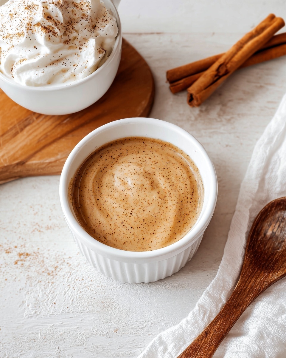 A white ceramic ramekin filled with a creamy, light brown sauce sprinkled with fine specks of spice on its smooth surface sits on a white marbled textured table. Nearby, a wooden board holds a white ceramic cup filled with whipped cream topped with a light dusting of cinnamon. On the right side, a white cloth napkin is placed with a shiny silver spoon and a rustic angled wooden spoon resting on top. Three cinnamon sticks are positioned near the top right corner of the image. photo taken with an iphone --ar 4:5 --v 7