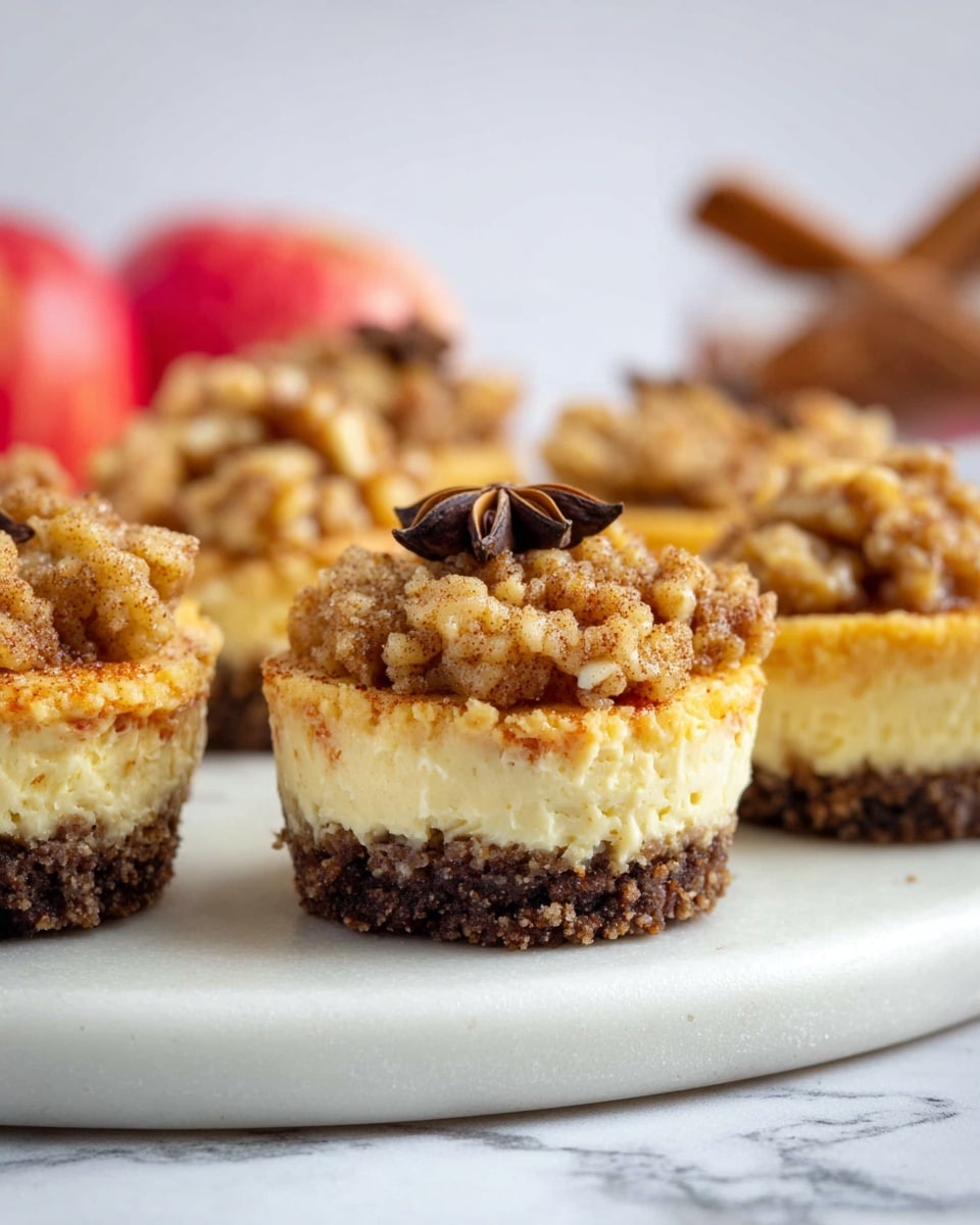 The image shows a close-up of small round cakes with three main layers placed on a round white marble board. The bottom layer is dark brown and crumbly, appearing like a cookie crust. The middle layer is thick and pale yellow, smooth and creamy like cheesecake. The top layer is uneven and rough with a chunky light brown crumble topping, with pieces of nuts and cinnamon visible. A star anise sits on one of the cakes. In the blurred background, there are red apples and cinnamon sticks on a white marbled surface. Photo taken with an iphone --ar 4:5 --v 7
