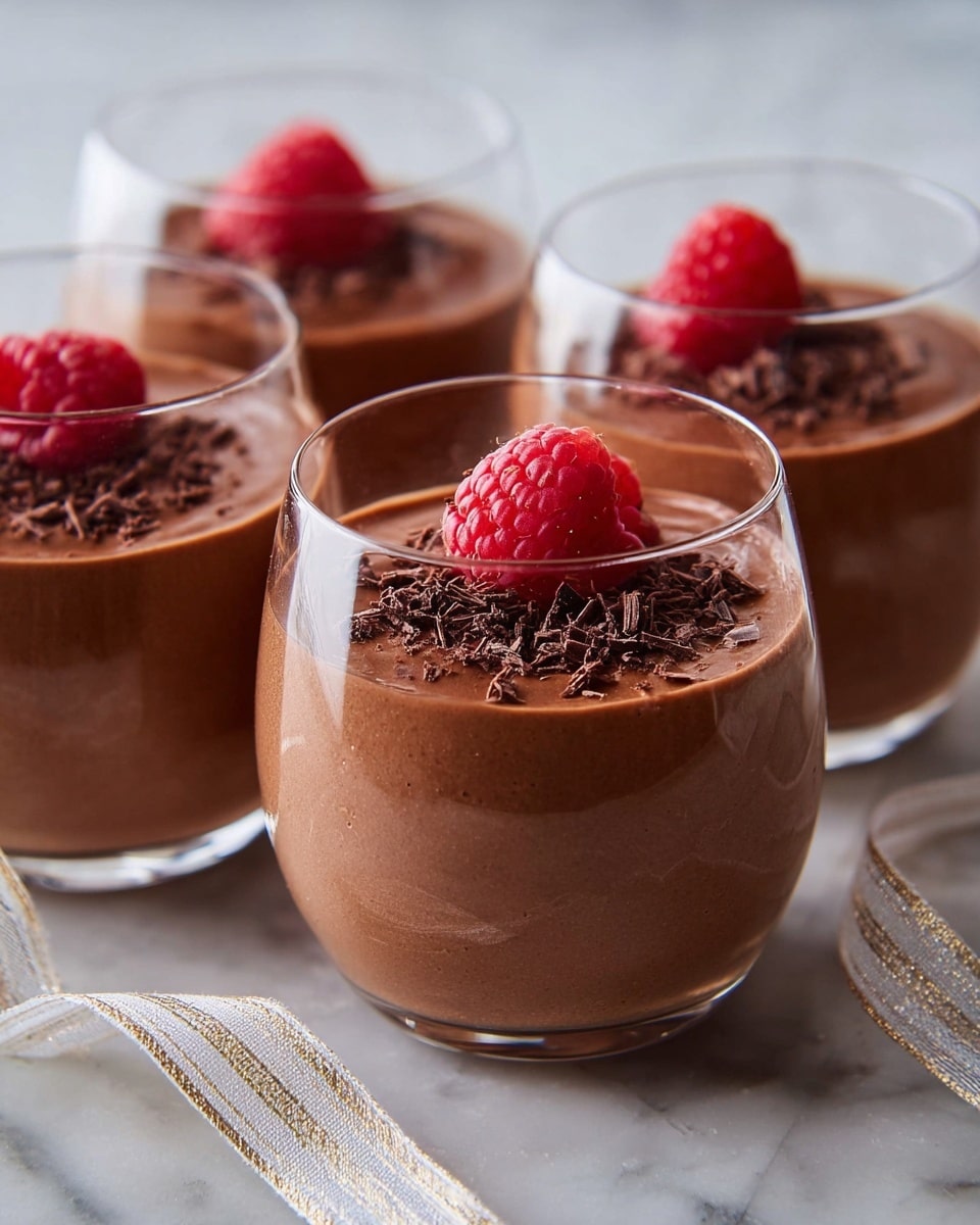 The image shows four clear rounded glasses filled with smooth chocolate mousse, each topped with a single bright red raspberry and a sprinkle of dark chocolate shavings. The mousse has a rich, creamy brown color and fills most of the glass, with the raspberry placed right in the center on top. The glasses are placed on a white marbled surface with a delicate white ribbon that has gold stripes running through it, adding a soft and elegant touch to the scene. photo taken with an iphone --ar 4:5 --v 7