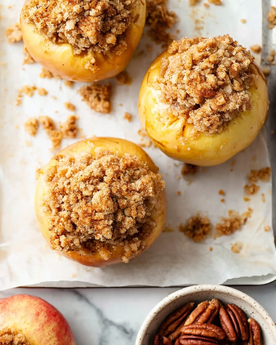 Three baked apples sit on a white parchment-lined baking tray with crumbs scattered around. Each apple has a wrinkled, golden-yellow skin and is filled with a thick, rough-textured, light brown crumb topping that looks crunchy and slightly browned. The apples are round and plump, filling the frame from a top view. In the lower right corner, part of a small white bowl filled with whole pecans is visible, adding a contrasting dark brown color and smooth texture. The background is a white marbled surface. photo taken with an iphone --ar 4:5 --v 7