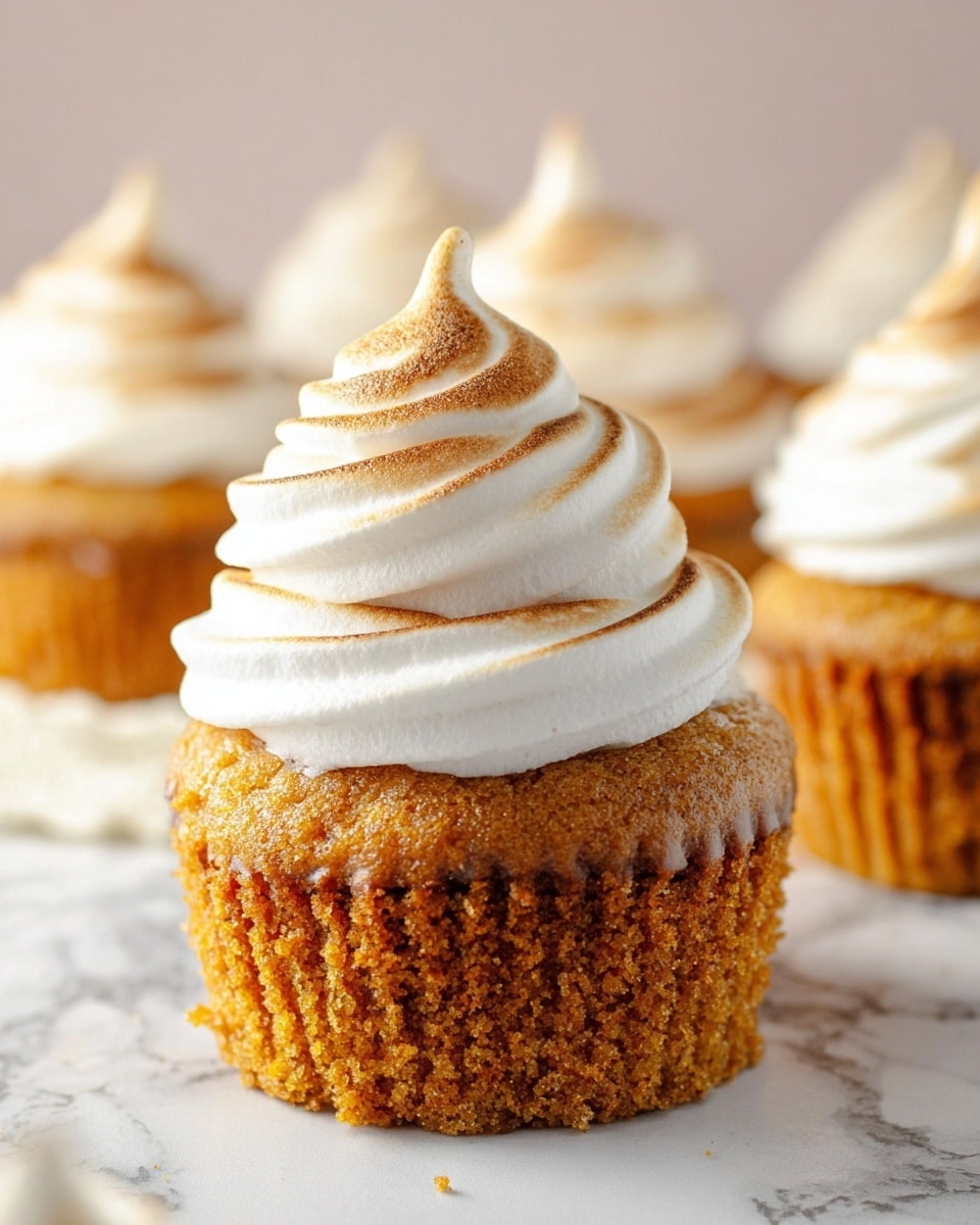 The image shows a close-up of a single cupcake with a golden-brown, moist cake base that has a crumbly texture. On top, there are three thick layers of fluffy white frosting shaped in a swirl, with the middle and top layers lightly toasted showing a soft brown color, ending in a pointed peak. In the background, there are more cupcakes with similar frosting, all placed on a white marbled surface. The lighting is bright and soft, highlighting the detailed texture of the cake and the creaminess of the frosting. photo taken with an iphone --ar 4:5 --v 7