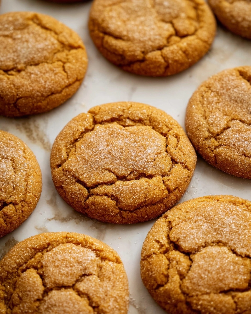 The image shows a close-up of several golden brown cookies arranged closely together on a baking sheet. Each cookie is round with slightly uneven edges and a cracked surface texture, dusted lightly with granulated sugar, giving a slightly sparkling effect. The cookies have a soft, slightly crispy appearance with visible cracks and a warm, baked color that ranges from light amber to deeper caramel hues. The background is a white marbled texture. photo taken with an iphone --ar 4:5 --v 7