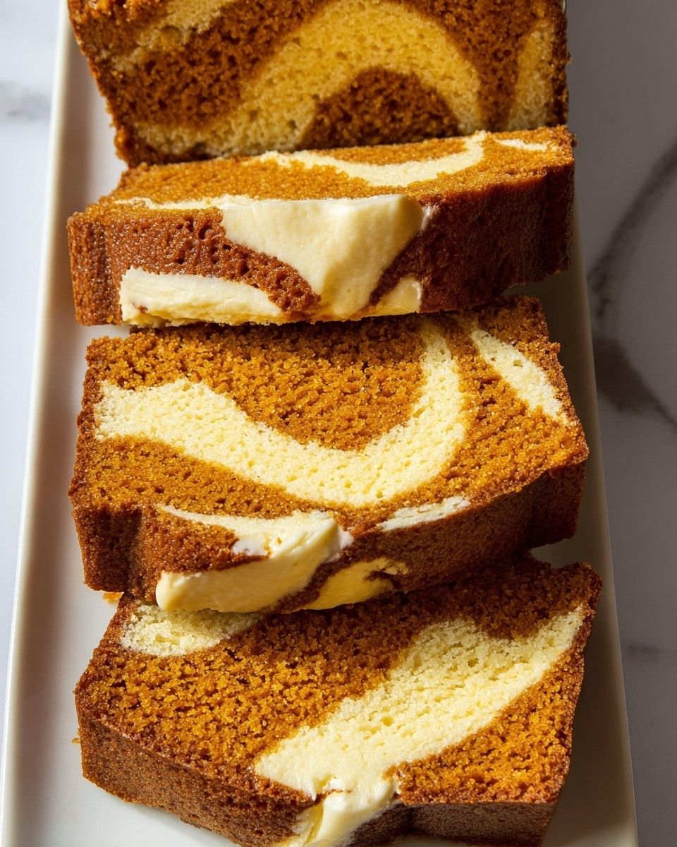Four slices of a two-layered cake are shown close-up, placed on a flat white plate over a white marbled surface. Each slice has a thick bottom and top layer of a crumby, warm orange-brown color with a soft texture. A smooth, pale cream-colored layer swirls through the middle of each slice, creating a wave pattern that contrasts with the orange-brown layers. The cake edges are firm and slightly darker brown, giving the slices a clean cut look. Few small crumbs are scattered around the plate, catching light with a warm glow. The background is softly blurred gray. photo taken with an iphone --ar 4:5 --v 7