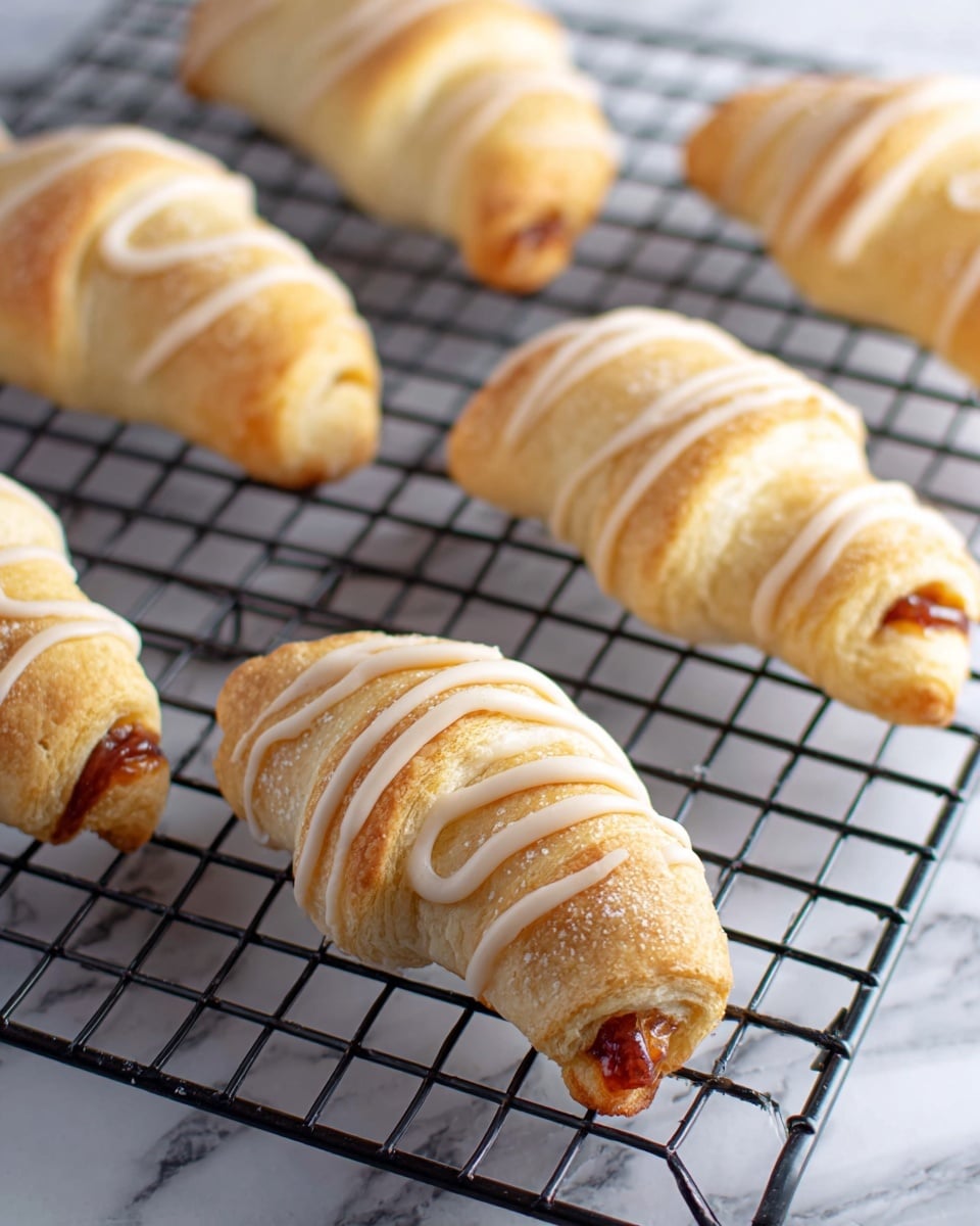 The image shows several crescent-shaped pastries with a golden brown outside, placed on a black wire rack on a white marbled surface. Each pastry has a smooth white icing drizzle on top, applied in thin, curved lines. One pastry is in the front center, partially eaten showing a rich, dark red filling inside. Above it, a spoon held by a woman's hand is pouring more white icing onto the pastry, with the icing flowing in a thin stream. Photo taken with an iphone --ar 4:5 --v 7