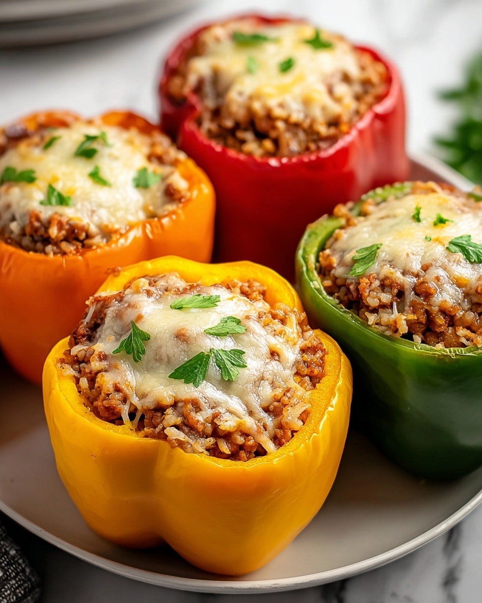 Four stuffed bell peppers sit closely on a white plate; two are red, one orange, one yellow, and one green. Each pepper is filled with a mixture of minced meat and cooked rice visible as a coarse texture with brown and beige grains. On top of each filling, there is a melted layer of mixed cheese, white and yellow, melting unevenly but covering most of the filling. Small green herb pieces are sprinkled on the cheese, adding a fresh touch. The plate rests on a white marbled surface, with the peppers slightly glistening from cooking. photo taken with an iphone --ar 4:5 --v 7