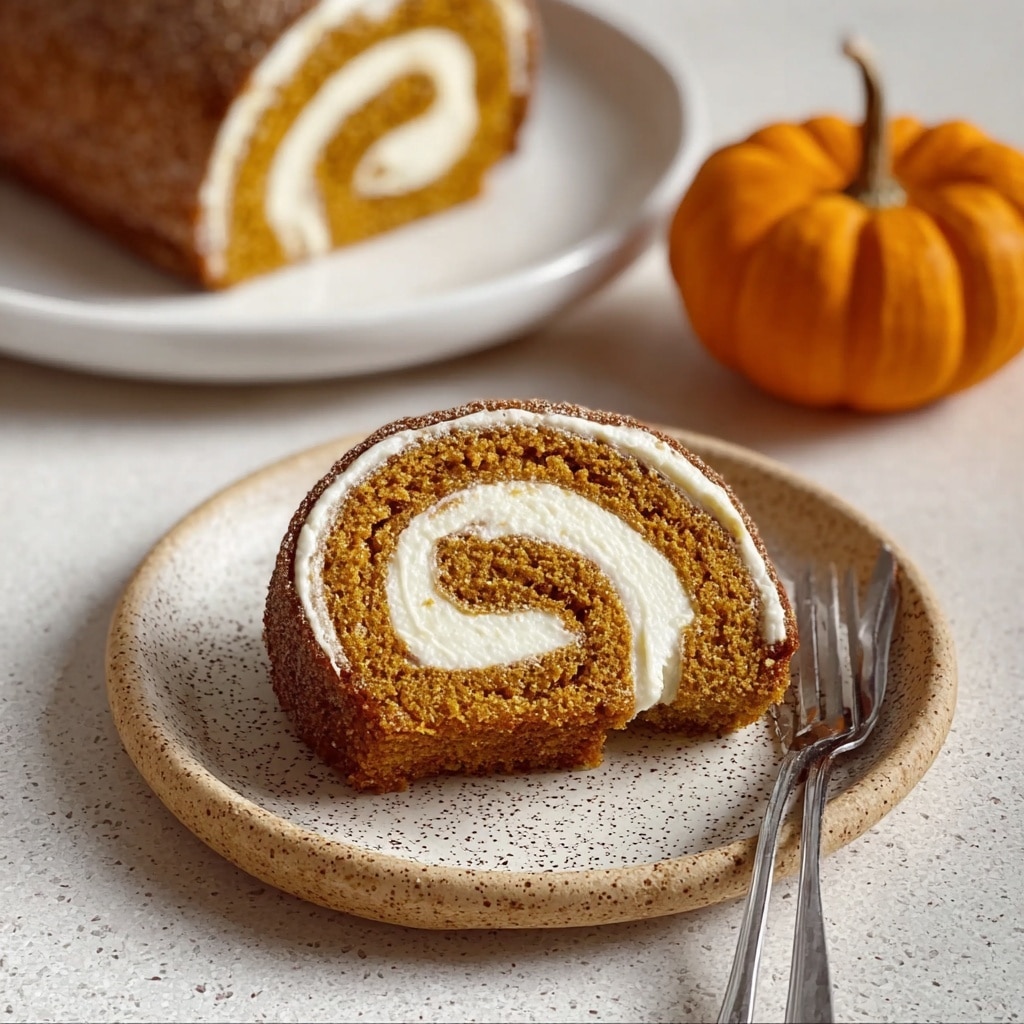 A single thick slice of pumpkin roll is displayed on a speckled ceramic plate next to a metallic fork, showing a tight spiral with two distinct layers: a soft, spongy outer layer of golden-brown pumpkin cake and a creamy white inner swirl of smooth filling, both rolled together in perfect concentric rings. The texture of the cake appears moist and slightly crumbly, while the filling is glossy and rich. In the background, part of the uncut roll is visible on a white plate, with a small orange pumpkin beside it, adding to the autumnal atmosphere. photo taken with an iphone --v 7.0