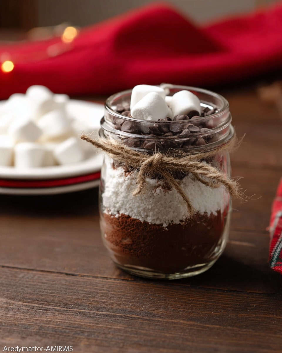 A clear glass jar with three visible layers: the bottom layer is dark brown and smooth, likely chocolate mix; the middle layer is a coarse white powder, probably sugar or flour; the top layer is made up of small dark brown chocolate chips, and on top of those are irregular small white marshmallows. The jar is placed on a dark wooden surface with part of a red cloth visible in the background and a white plate with more marshmallows blurred in the back. The jar lid is off and hangs from the side, tied with a piece of rough twine. Photo taken with an iphone --ar 4:5 --v 7