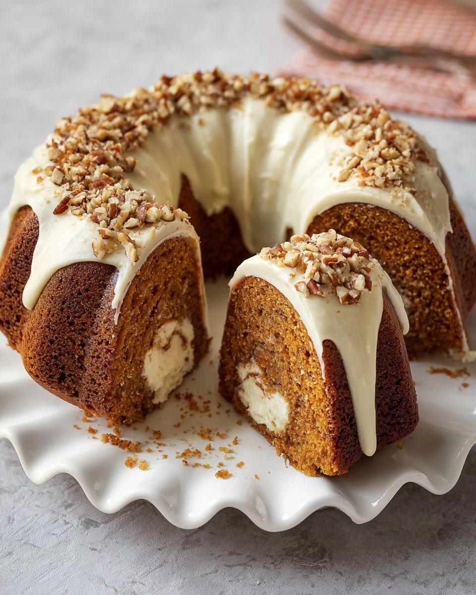 The image shows a round bundt cake on a white scalloped plate placed on a white marbled texture. The cake has a thick base layer of brown, moist cake with visible tiny bits and a soft texture. Inside the cake, there is a creamy white filling layer that contrasts with the darker cake. The cake is topped with a smooth, thick layer of white frosting that drips slightly over the edges and is sprinkled with chopped nuts. Two slices are cut and slightly pulled out, showing the layers inside, with the frosting also covering the top of each slice. Photo taken with an iphone --ar 4:5 --v 7