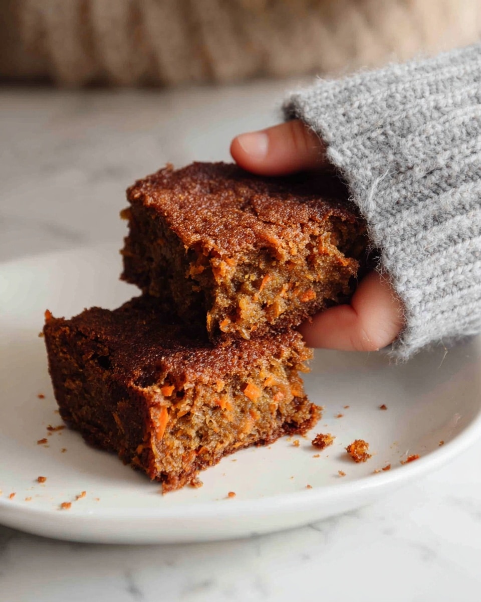 Two square pieces of brown cake with a rough, crumbly texture are on a white plate, resting on a white marbled surface. The top layer is a darker brown, slightly cracked and baked, while the inside layer shows a moist, dense lighter brown with visible bits of what appears to be carrot or similar ingredients. A woman’s hand wearing a cozy knit gray sleeve is holding the back piece, lifting it slightly. Some crumbs are scattered around the plate. photo taken with an iphone --ar 4:5 --v 7