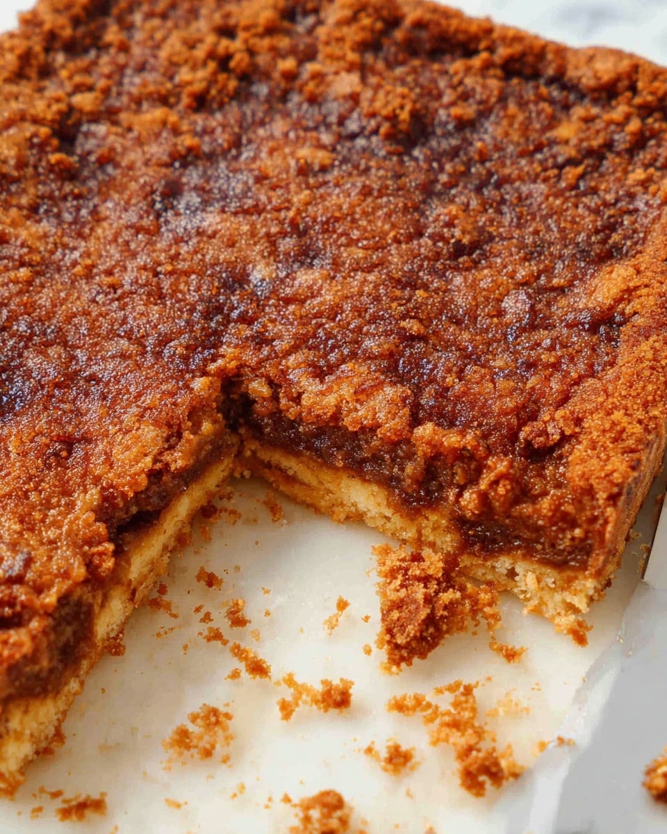 A close-up view of a thick, textured square-shaped baked dessert with a rich brown top crust, showing a crumbly middle layer with darker brown spots and a moist, softer inside layer. One piece is removed from the bottom left corner, revealing a golden brown base layer with caramelized edges sticking to a white plate. Small crumbs lie scattered around the empty space, resting on a white marbled surface. photo taken with an iphone --ar 4:5 --v 7