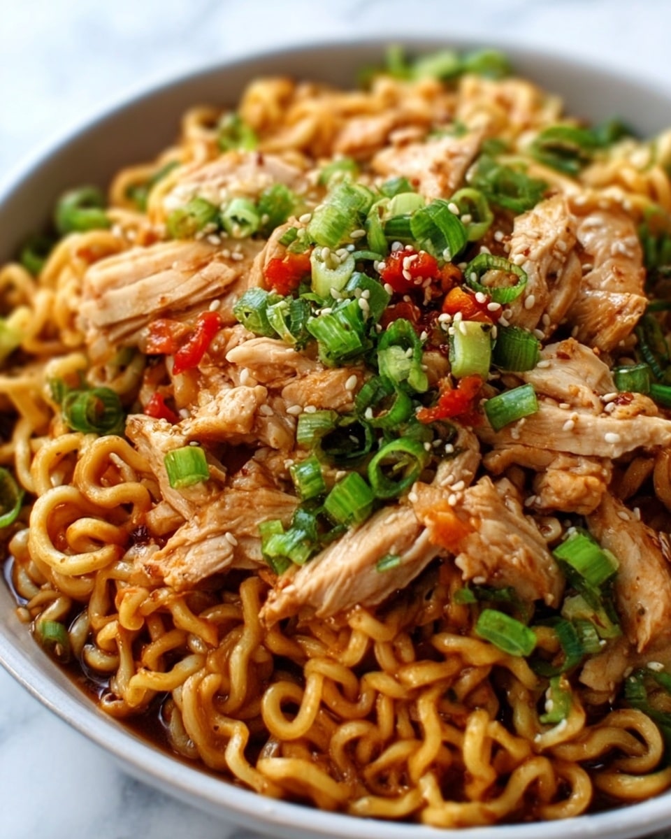 The image shows a close-up of a bowl filled with cooked noodles that have a slightly glossy texture, with pieces of cooked chicken scattered on top. The chicken pieces are light brown and look tender, mixed with small green chopped herbs sprinkled evenly over the dish. There are also small red bits, possibly chili or pepper, adding a touch of color. The bowl is white and placed on a white marbled surface, giving a clean and simple background. The overall look is warm and appetizing with a mix of colors and textures from soft noodles, tender chicken, and fresh herbs. Photo taken with an iphone --ar 4:5 --v 7