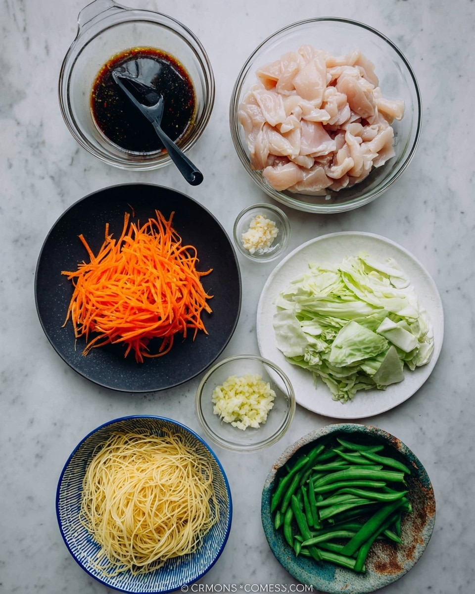 The image shows several clear and white dishes on a white marbled surface, each with different ingredients arranged neatly. Starting from the top, there is a clear bowl with a dark brown liquid and a black spoon inside. To the right is a clear bowl filled with raw, pale pink sliced chicken. Below that is a white plate holding bright green sliced green beans. Underneath, there is a patterned bowl filled with fresh green onions. To the left, another clear bowl is filled with light yellow cabbage leaves, and nearby is a small clear dish with chopped garlic or ginger. Above the cabbage is a white plate stacked with thin, bright orange carrot sticks. At the bottom is a bowl full of dry, tangled yellow noodles. The ingredients are all separate and clean, ready to be cooked. Photo taken with an iphone --ar 4:5 --v 7
