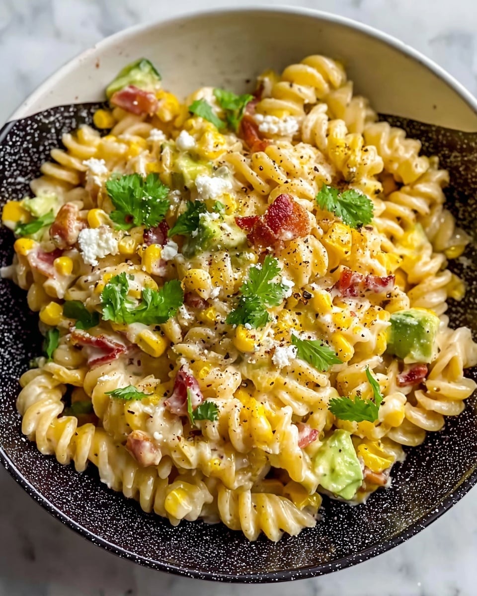 A close-up view of a single-layer dish in a white bowl with a speckled black inner surface, showing spiral pasta mixed with yellow corn kernels, small pieces of green avocado, and bits of red bacon. The pasta is creamy and lightly coated, dotted with green cilantro leaves and a few white crumbles of cheese, with a sprinkle of black pepper on top. The dish is set against a white marbled surface. photo taken with an iphone --ar 4:5 --v 7