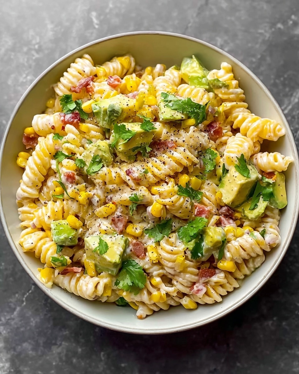 A bowl of creamy pasta salad with three main layers: at the base, pale yellow rotini pasta mixed closely with small yellow corn kernels, above that scattered chunks of green avocado, small pieces of red bacon, and bits of white cheese, all mixed together smoothly with visible creamy dressing, topped with fresh green cilantro leaves and a light sprinkle of black pepper; the white bowl is placed on a white marbled surface. photo taken with an iphone --ar 4:5 --v 7