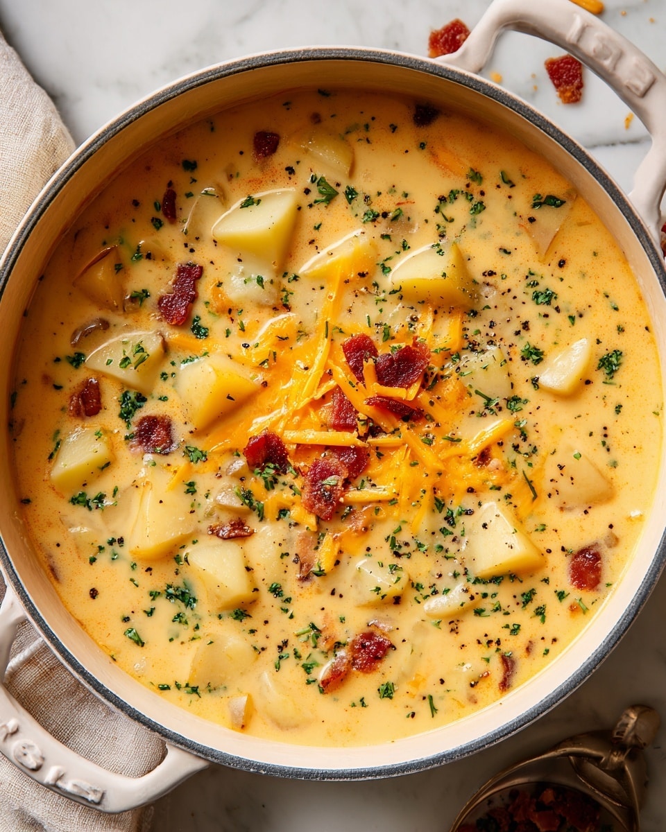 The image shows a white pot filled with creamy potato soup, thick and rich in texture, with visible chunks of soft yellow potatoes spread throughout the light orange broth. On top, there is a mix of garnishes: small pieces of crispy brown bacon, shredded orange cheddar cheese, and finely chopped green herbs sprinkled evenly, along with a few cracks of black pepper adding contrast. The pot is set on a white marbled surface, and part of a light beige cloth is visible beside it, as well as some scattered bacon bits and cheese nearby. Photo taken with an iphone --ar 4:5 --v 7