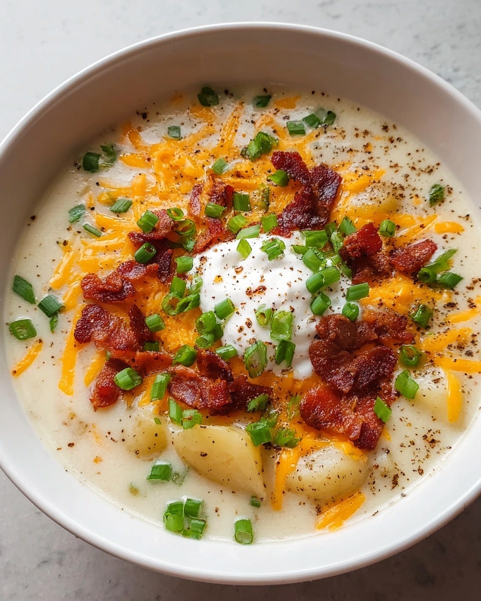 A white bowl filled with creamy white soup containing soft potato chunks visible just beneath the surface, topped with a layer of shredded bright orange cheddar cheese scattered evenly around the center. On top of the cheese lies a dollop of smooth white sour cream in the middle, surrounded by crispy dark reddish-brown bacon bits spread over the cheese. Green chopped scallions are sprinkled generously on top, adding a fresh contrast. Some ground black pepper is sprinkled lightly over the sour cream and toppings. The bowl is set on a white marbled surface. photo taken with an iphone --ar 4:5 --v 7
