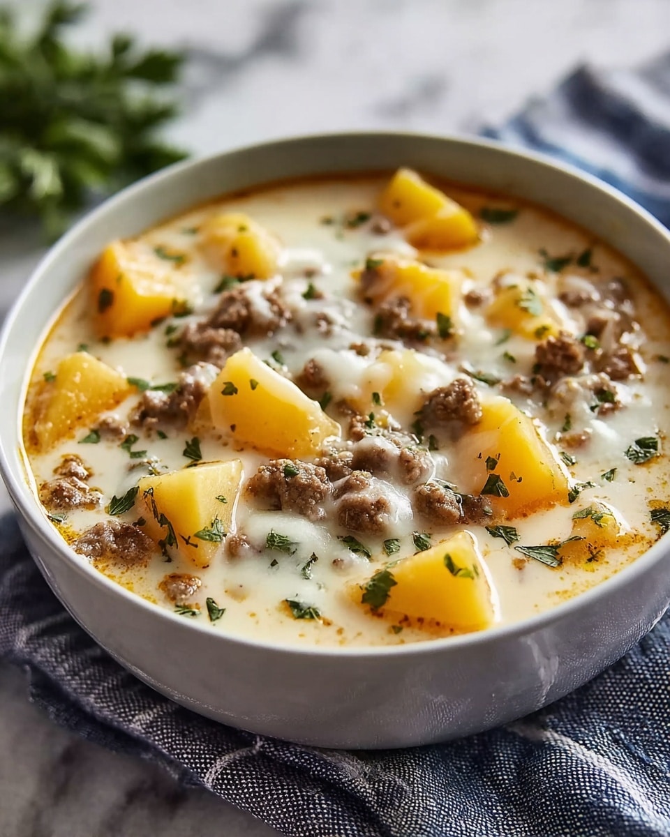A round white bowl filled with creamy soup layered with chunks of orange-yellow potatoes and lightly browned ground meat scattered on top. Melted white cheese is drizzled over the dish, blending smoothly with the creamy soup base, while small green herb pieces add color contrast. The bowl rests on a lightly folded dark and light blue striped cloth against a white marbled textured surface, with out-of-focus green herbs in the background. photo taken with an iphone --ar 4:5 --v 7
