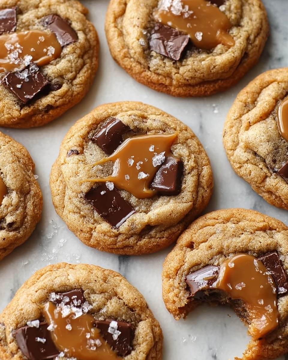 A close-up view of six soft, round cookies with a golden-brown texture, each cookie has two to three large dark chocolate chunks embedded within. On top of some cookies, there are dollops of smooth, light caramel spread unevenly, slightly melting into the cookie surface. Flecks of flaky salt are sprinkled over the cookies, adding a touch of white contrast. One cookie in the right center has a bite taken out, showing the chewy interior with melted chocolate visible. The cookies are on a white marbled textured surface. photo taken with an iphone --ar 4:5 --v 7