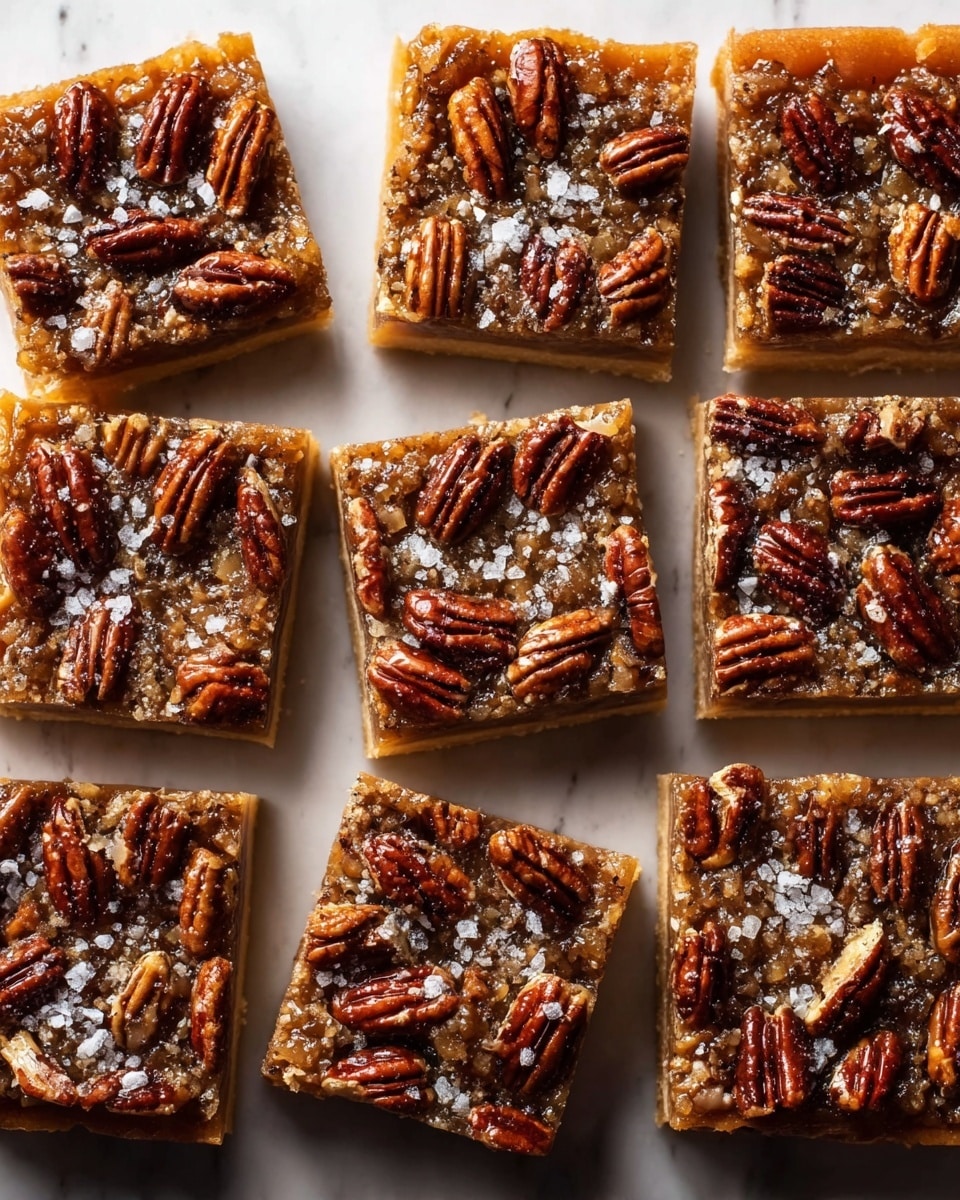 The image shows nine square bars laid out on a white marbled surface, each about three layers thick. The bottom layer is a light tan crust, firm and crumbly in texture. The middle layer is a thick, sticky caramel filling with a golden-brown color, holding the pieces together. The top layer is covered with glossy, dark brown pecan halves arranged unevenly, some facing up and others sideways, with a sprinkling of coarse white sea salt crystals adding a slight sparkle. The bars have clean, sharp edges and look moist but solid. photo taken with an iphone --ar 4:5 --v 7
