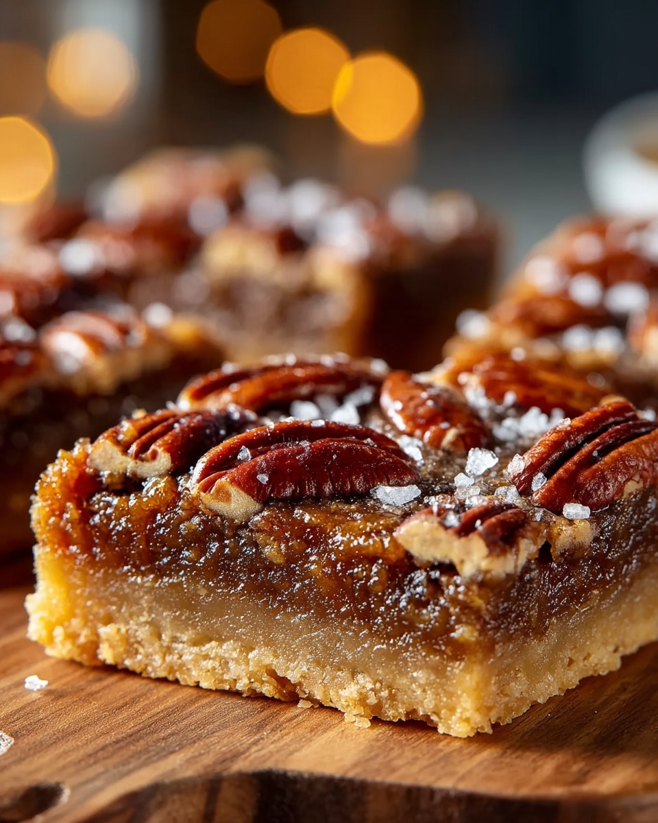 A close-up view of a pecan bar showing two layers: the bottom layer is a thick, crumbly golden crust with a slightly rough texture, and the top layer is a dense, sticky pecan filling in a rich amber-brown color, topped with whole glossy pecans arranged closely together with a shiny look; there is a sprinkling of coarse white sea salt crystals on top. The bar sits on a wooden board, and in the background, there are more pecan bars slightly blurred with warm light bokeh. photo taken with an iphone --ar 4:5 --v 7