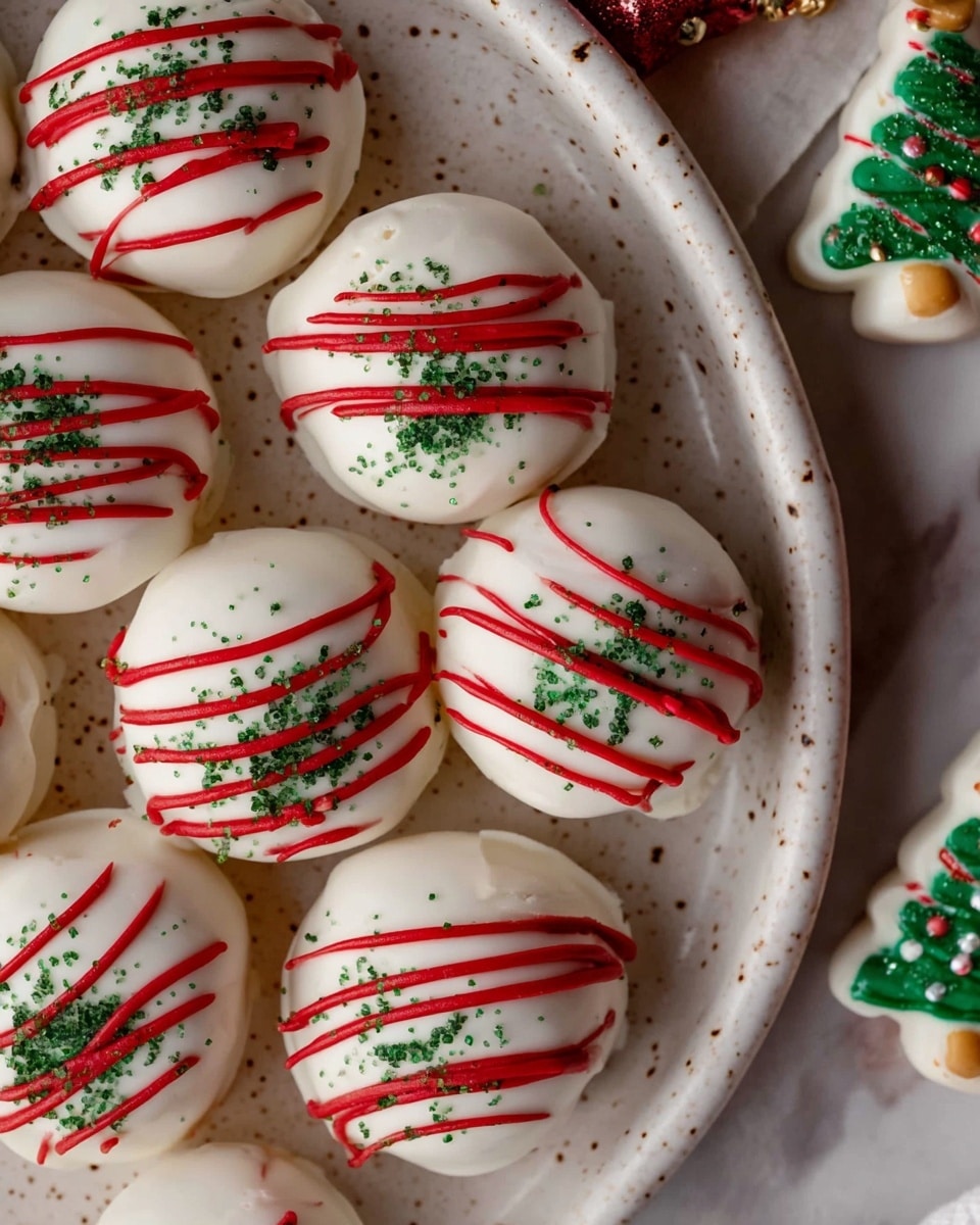 The image shows round treats covered in smooth white icing, each decorated with three curved red stripes across the top. Small green sugar sprinkles are scattered evenly on the icing, adding texture. The treats are placed close together on a large white speckled oval plate, creating a cozy, festive look. In the top right, one treat is shaped like a Christmas tree with the same white icing, red stripes, and green sprinkles. The scene is set on a white marbled surface with warm lighting that enhances the holiday feel. Photo taken with an iphone --ar 4:5 --v 7