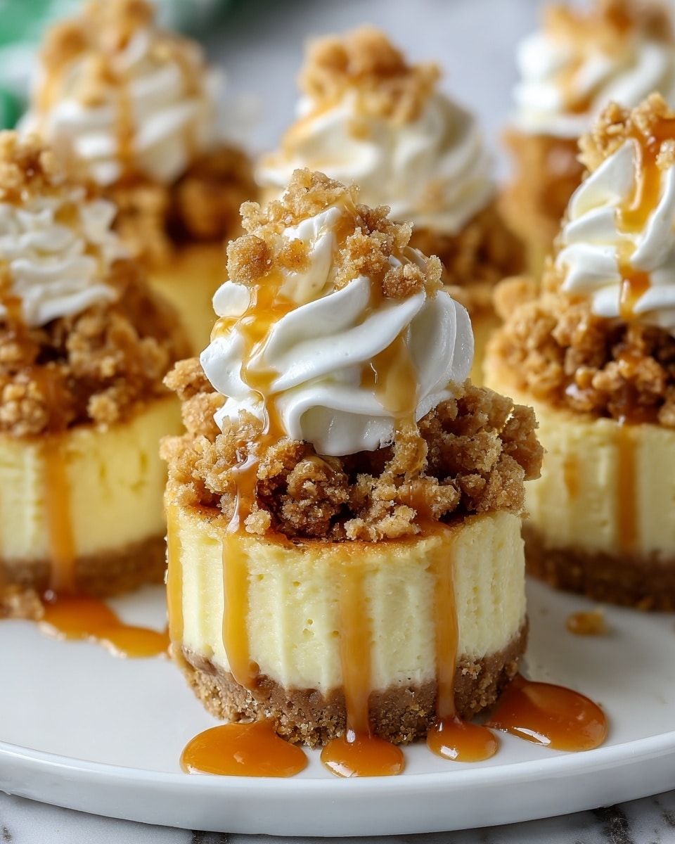 A close-up view of mini cheesecakes arranged on a white plate with a white marbled background, each cheesecake having three layers: a crumbly light brown crust at the bottom, a thick pale yellow creamy cheesecake layer in the middle, and a topping of golden brown streusel crumble on top. Each mini cheesecake is garnished with a swirl of white whipped cream and drizzled with glossy amber caramel sauce that also spills on the plate. The texture contrasts between the smooth cheesecake, the crunchy crumble, and the soft whipped cream are clear and inviting. Photo taken with an iphone --ar 4:5 --v 7