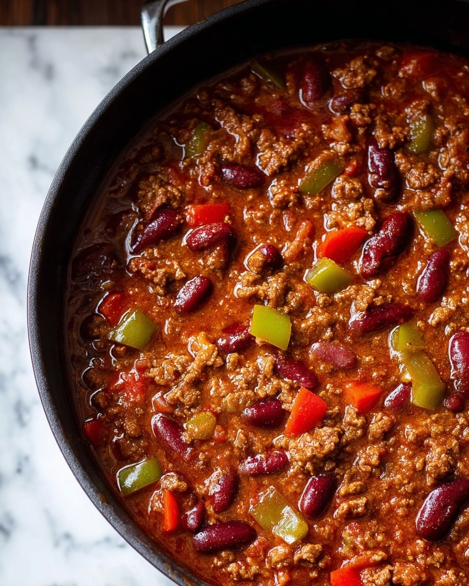 A close-up view of a pot filled with rich chili, showing layers of brown cooked ground meat mixed with red kidney beans and diced pieces of green and red bell peppers, all covered in a thick reddish-brown sauce. The chili has a chunky and moist texture with an oily shine on top, filling the black rimmed pot that rests on a white marbled surface. photo taken with an iphone --ar 4:5 --v 7