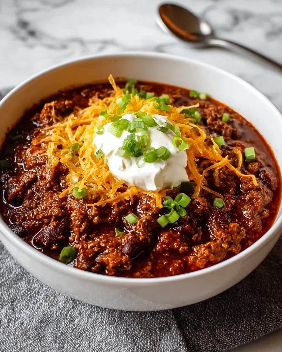 A white bowl filled with a rich, dark red chili made of ground beef and beans. On top, there is a layer of crispy orange shredded cheese, followed by a dollop of white sour cream sprinkled with small pieces of bright green chopped scallions. The bowl rests on a white marbled surface with a silver spoon placed slightly out of focus in the background. photo taken with an iphone --ar 4:5 --v 7