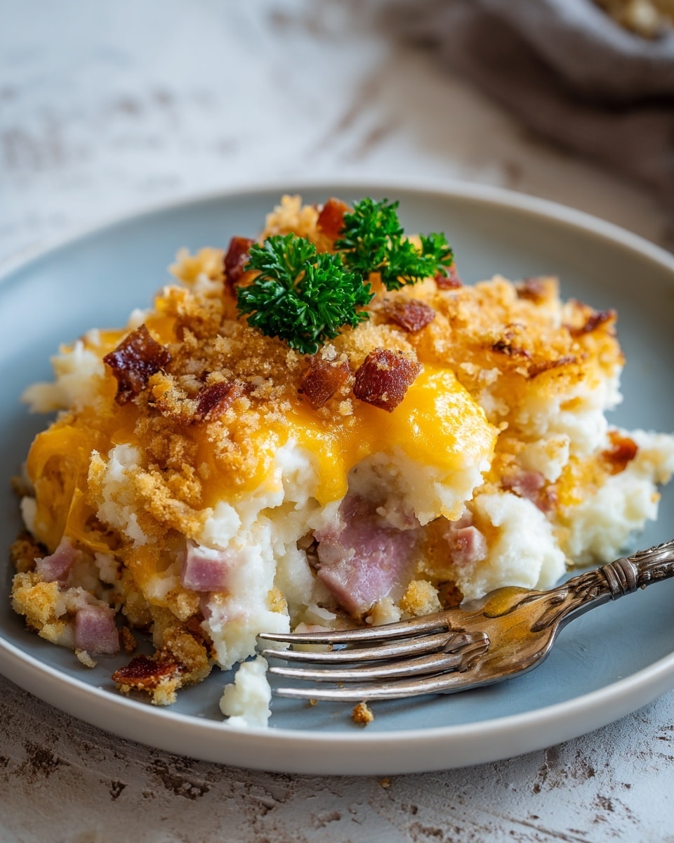 A close-up of a creamy layered potato casserole served on a white plate, showing three layers: a soft, white mashed potato base mixed with small chunks of ham, a middle layer with melted golden-yellow cheddar cheese, and a top layer with crispy, browned breadcrumbs and small pieces of crispy ham. The dish is garnished with a small sprig of fresh green parsley in the center, and a silver fork rests on the edge of the plate. The plate is placed on a white marbled textured surface. Photo taken with an iphone --ar 4:5 --v 7