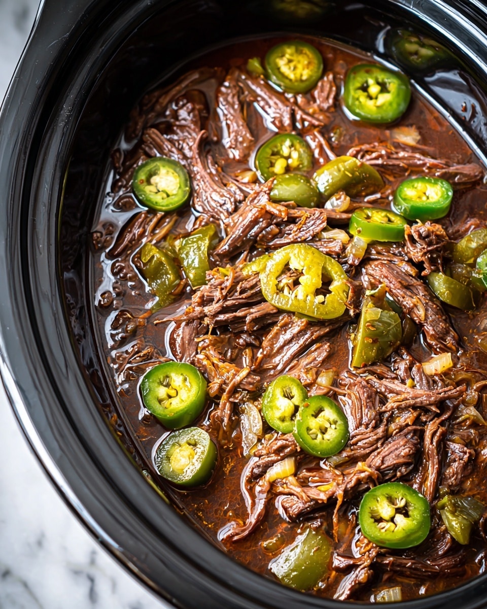 This close-up image shows a slow cooker filled with shredded brown beef sitting in a dark, rich sauce that glistens with small drops of oil. Scattered on top are whole and sliced bright green jalapeño peppers, their smooth skin shiny and wet. Bits of cooked onion are mixed among the meat, adding texture and a lighter brown color. The slow cooker has a black interior and is placed on a white marbled surface. photo taken with an iphone --ar 4:5 --v 7