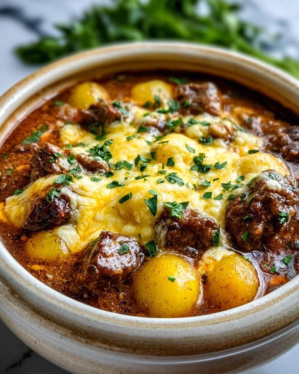 The image shows a close-up of a white ceramic bowl filled with a rich meat stew. The dish has three visible layers: the bottom layer is thick brown sauce, the middle layer consists of tender chunks of brown meat and small yellow potatoes scattered throughout, and the top layer is creamy melted yellow cheese sprinkled with small green herb leaves. The bowl sits on a white marbled surface, and some blurred green leaves are visible in the background. The lighting highlights the glossy texture of the sauce and the cheese. Photo taken with an iphone --ar 4:5 --v 7