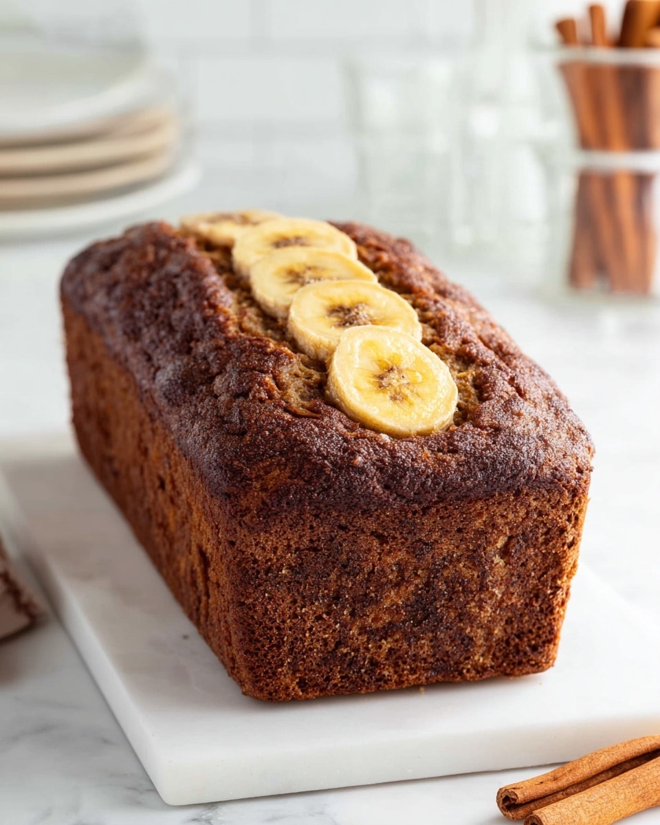 A loaf-shaped banana bread with a rich dark brown crust and a slightly rough texture sits on a white marble slab. On top, a row of slightly caramelized banana slices is visible, creating a light yellow center strip contrasting with the darker brown outside. The bread looks moist with a few cracks on the surface. The background features a white marbled texture with blurred glass containers, plates, and cinnamon sticks nearby. photo taken with an iphone --ar 4:5 --v 7