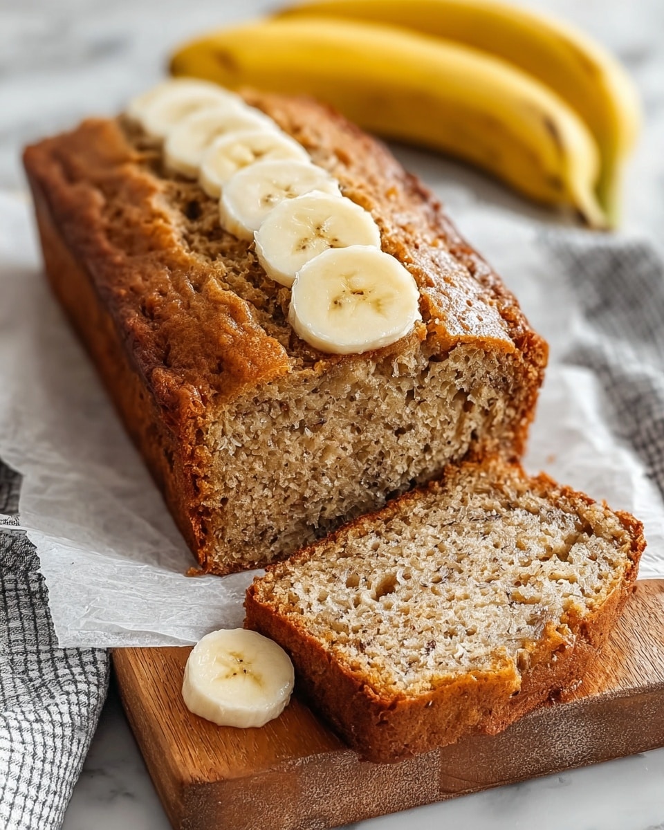 A close-up of a moist banana bread loaf sliced on a white piece of parchment paper placed on a wooden cutting board, showing the soft, porous texture inside with a golden brown crust. The top of the loaf is adorned with a neat row of five fresh banana slices, creamy yellow with light seeds visible. One banana slice is also resting on the front slice, which is lying flat, displaying the fluffy interior clearly. A whole ripe banana is blurred in the background, adding a bright yellow color contrast. The scene is set on a white marbled surface with a gray checkered cloth partially visible underneath the board. Photo taken with an iphone --ar 4:5 --v 7