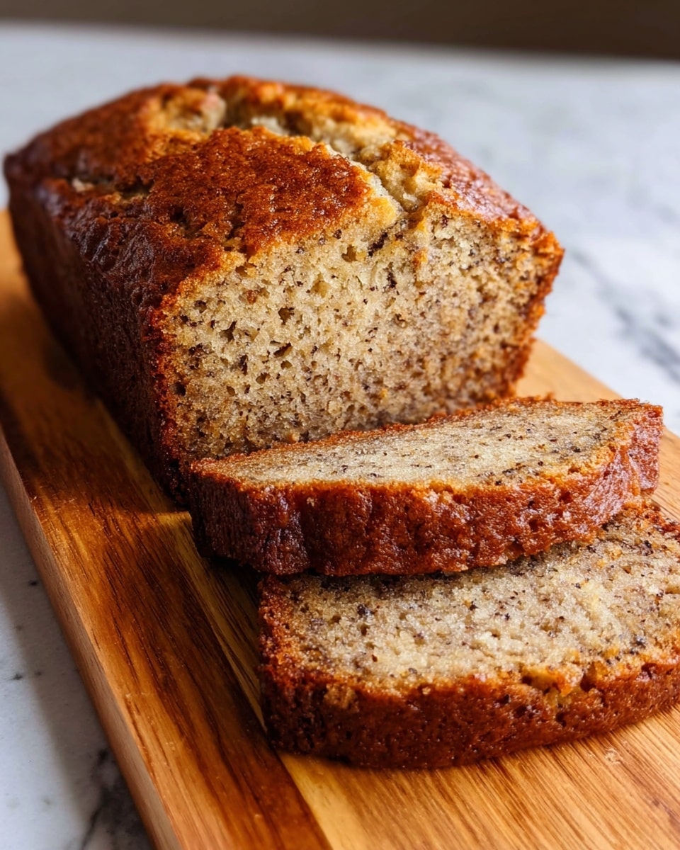 A sliced banana bread loaf is placed on a wooden cutting board over a white marbled surface. The loaf has a golden brown, slightly shiny crust with a moist and textured interior showing specks of banana and grain. The first two slices are cut and slightly fanned out in front of the main loaf, revealing the dense and soft light brown crumb. The texture looks moist and spongy with small dark flecks evenly spread through the bread. Photo taken with an iphone --ar 4:5 --v 7