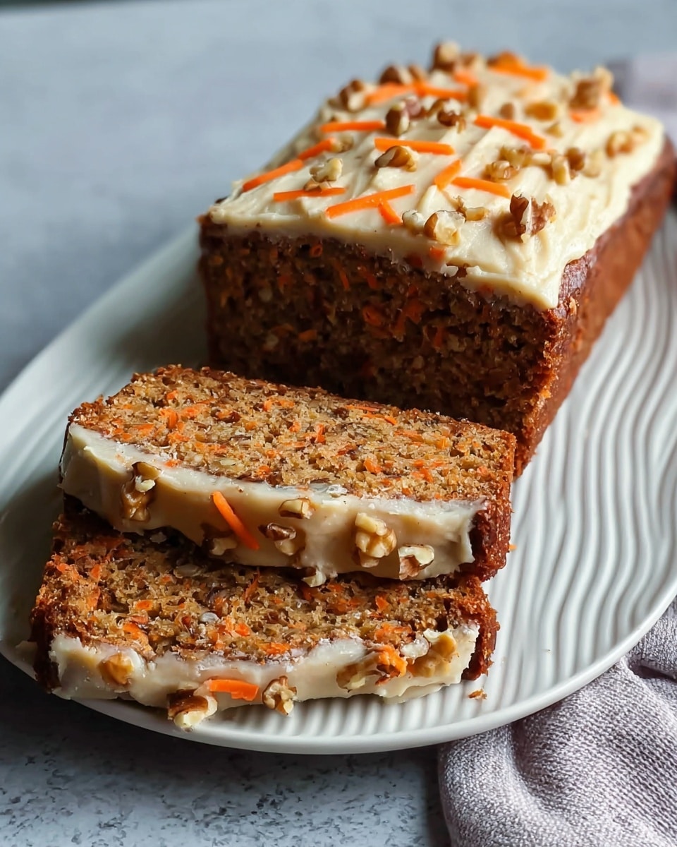 A thick rectangular carrot cake loaf sits on a white ridged plate over a white marbled surface, two slices cut from the front showing a dense brown crumb speckled with bright orange carrot shreds and small nut pieces. The top layer of the cake is a creamy, off-white frosting spread thickly and unevenly, garnished with chopped walnuts and thin orange carrot lines drizzled on top. The front slices reveal the frosting layer on top and a thin spread of frosting with nuts in between the slices. Photo taken with an iphone --ar 4:5 --v 7