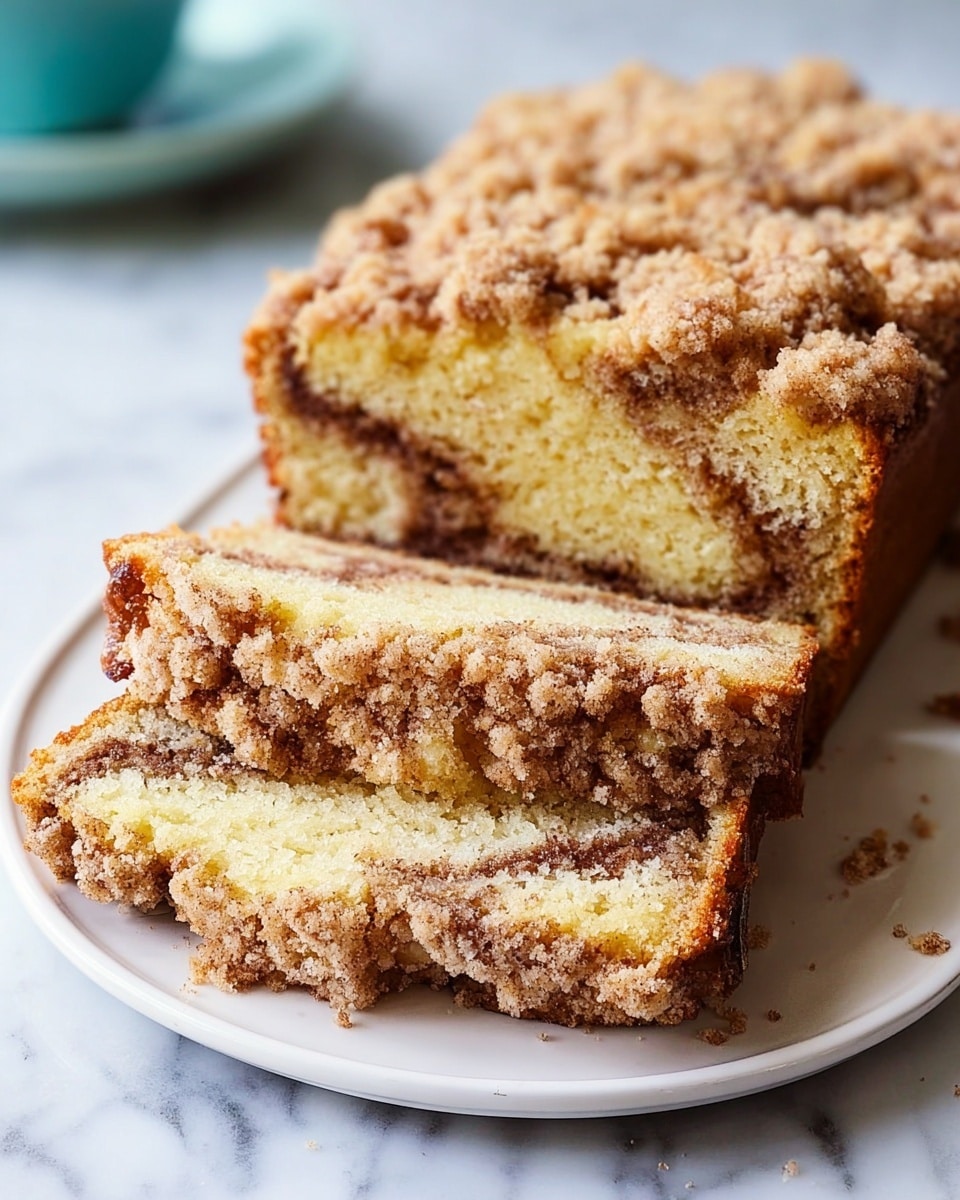 The image shows a loaf of crumb cake with two slices cut from the front, placed on a white plate. The cake has three main layers: a light golden brown soft crumb base at the bottom, a middle layer with a brown cinnamon swirl, and a top layer of crumbly golden streusel topping with sugar crystals that appear slightly crunchy. Some crumbs are scattered around the plate. The background is a white marbled texture. photo taken with an iphone --ar 4:5 --v 7