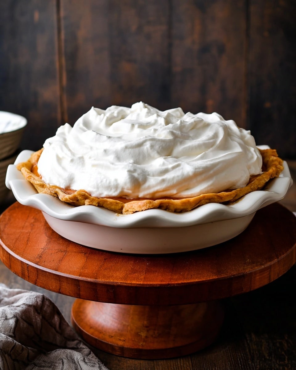 A pie with a golden-brown crust sits in a white pie dish with fluted edges. The pie is topped with a thick, fluffy layer of white whipped cream, with smooth swirls visible on top. The pie dish is placed on a round wooden stand, and the background has a rich dark texture. photo taken with an iphone --ar 4:5 --v 7