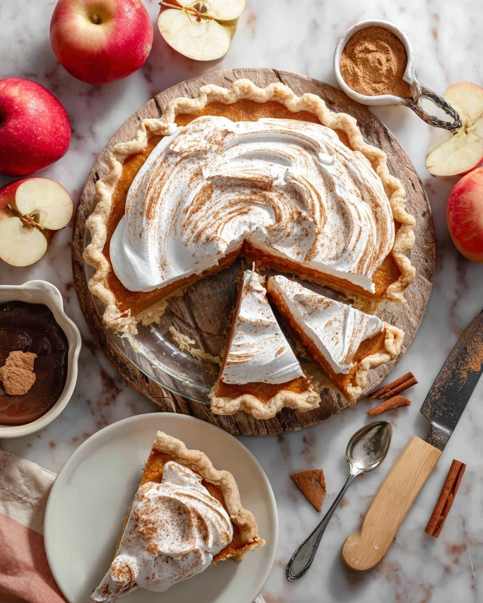 The image shows a pumpkin pie with a golden-brown crust, topped with a thick, swirled layer of toasted white whipped cream that has light brown cinnamon dusting on top. The pie is in a clear glass pie dish placed on a rustic wooden cutting board that holds two slices already cut and slightly separated from the main pie. Nearby, a white plate holds one slice of the pie, showing the smooth orange pumpkin filling beneath the whipped cream. Around the pie, there are two whole red apples, a cinnamon stick, a half-sliced apple showing its seeds, a white bowl with dark brown filling and a spoon, and a knife with a wooden handle. All items rest on a white marbled surface. photo taken with an iphone --ar 4:5 --v 7