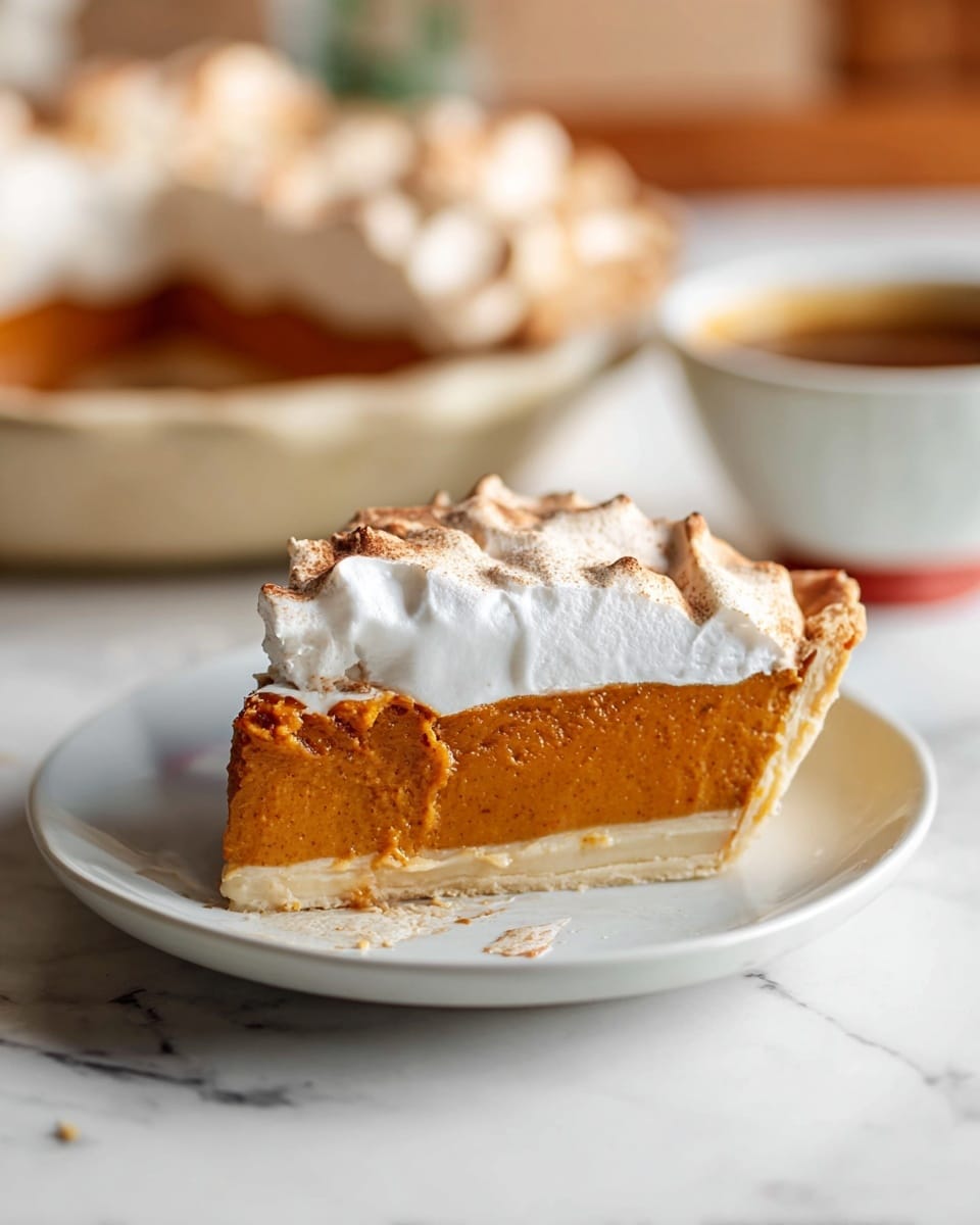 A close-up of a single slice of pumpkin pie on a white plate, showing three layers: the bottom layer is a thin, pale golden crust, the middle layer is a thick, smooth, bright orange pumpkin filling with a slightly textured surface, and the top layer is a generous spread of light, fluffy whipped cream with a slightly browned, caramelized topping. In the background, the rest of the pie is partially visible in a baking dish, along with a white bowl holding a brown sauce, blurred against a white marbled surface. Photo taken with an iphone --ar 4:5 --v 7