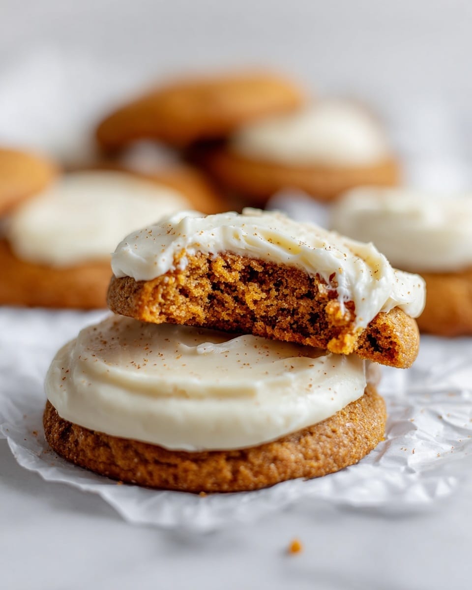 The image shows two soft, round ginger cookies with thick creamy white frosting on top, placed on a crinkled white paper set on a white marbled surface. The cookie on the bottom is fully visible with smooth, spread frosting and a tiny sprinkle of brown specks, while the cookie on top is held slightly above it, showing a bite taken out, revealing the soft, moist texture of the cookie inside. Additional cookies with a similar look are softly blurred in the background. photo taken with an iphone --ar 4:5 --v 7