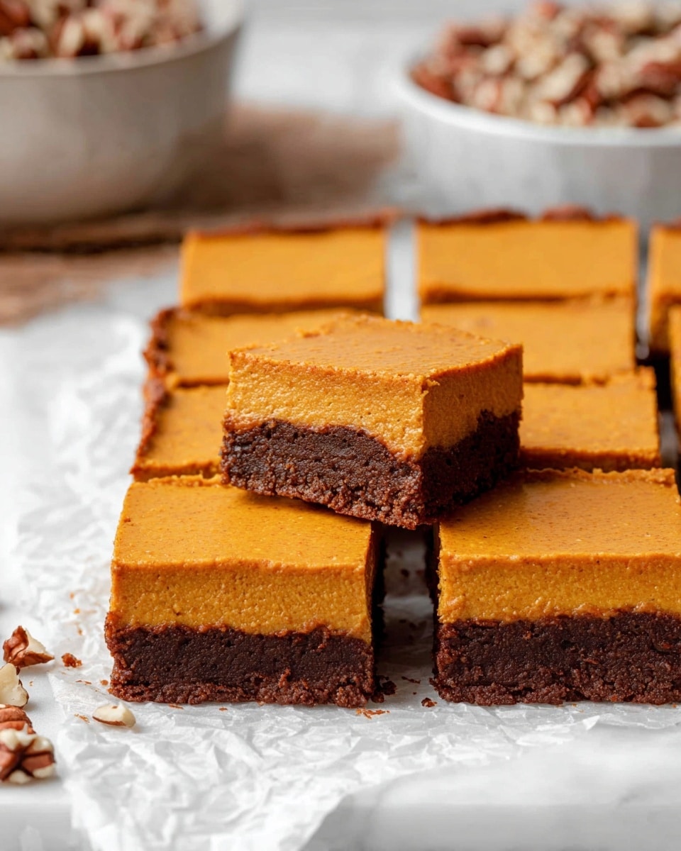 A close-up view of pumpkin bars cut into nine square pieces arranged side by side on crumpled white parchment paper over a white marbled surface. Each bar has two distinct layers: the top layer is a smooth, matte, orange pumpkin filling that is thick and soft, while the bottom layer is a dense, dark brown crust with a slightly rough texture. One piece is slightly lifted, showing the soft pudding-like texture of the top layer pressed over the firm, crumbly crust beneath. In the background, a white bowl filled with chopped nuts and some scattered nuts add a rustic touch. photo taken with an iphone --ar 4:5 --v 7