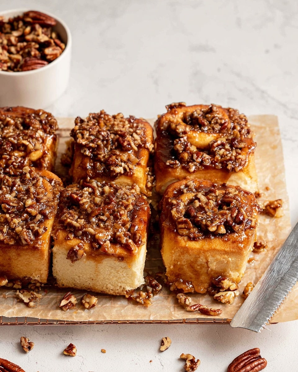 The image shows a close-up view of six square cinnamon rolls arranged in two rows on parchment paper placed on a cooling rack, with a few pieces of pecans scattered on and around them. Each roll has a golden-brown, soft dough base visible on the sides and a thick top layer covered in chopped pecans and sticky caramel glaze, giving it a glossy texture. In the background, there is a white cup filled with more pecans, sitting on a white marbled surface. A serrated knife rests to the right side of the rolls, partially visible. The overall colors include warm brown tones from the pecans and caramel and light beige from the dough. The photo taken with an iphone --ar 4:5 --v 7
