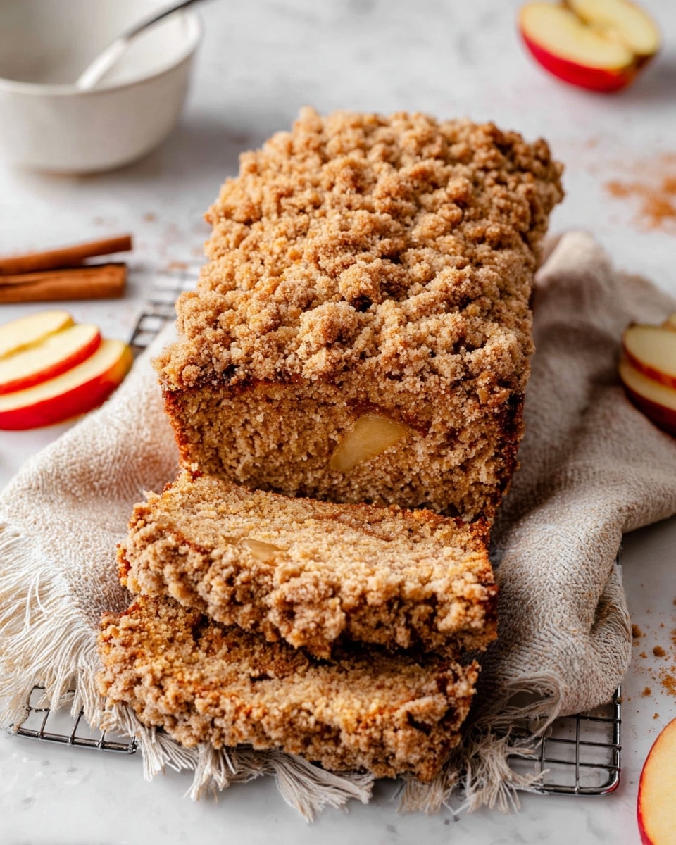 A loaf cake with a thick, crumbly golden-brown streusel topping covering the entire top surface is placed on a wire rack over a beige cloth with frayed edges. Two slices are cut from the loaf and laid in front, showing a moist, dense interior with a mix of light and medium brown tones and some soft apple pieces inside. Around the cake are some red and yellow apple slices and brown cinnamon sticks, all set on a white marbled textured surface. In the background, there is a white bowl with a spoon inside. photo taken with an iphone --ar 4:5 --v 7