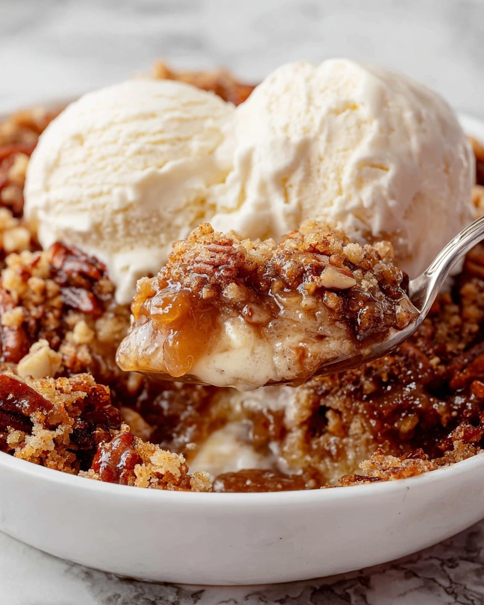 A white bowl filled with a pecan dessert that has a crunchy, golden-brown pecan layer on top. Below the pecan topping, there is a gooey caramel layer with a sticky texture full of pecan pieces. Underneath that is a soft, moist cake base with a light golden color. Two scoops of creamy, white vanilla ice cream are placed on top of the dessert next to the pecan layer. A spoon holds a scoop of the dessert showing all layers clearly with melted ice cream mixing at the bottom. The background surface is a white marbled texture. photo taken with an iphone --ar 4:5 --v 7