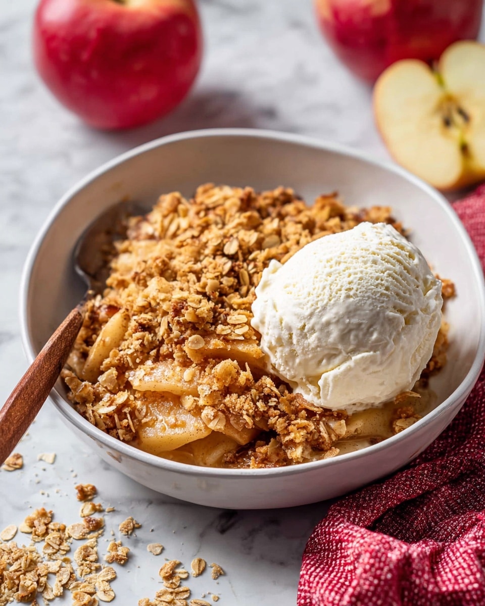 A white bowl filled with a layered apple crumble dessert, showing on the bottom soft cooked apple slices covered with a thick golden brown crumbly oat topping, large textured flakes and small darker bits mixed in; on the right side of the bowl, a large scoop of creamy white vanilla ice cream, slightly melting with a smooth texture; there is a wooden handle spoon resting at the front edge of the bowl; the bowl sits on a white marbled surface with some oat crumbs scattered nearby and a red checkered cloth partially visible in the bottom right corner; in the background, a whole red apple and a half-cut apple with yellow inside are slightly out of focus. photo taken with an iphone --ar 4:5 --v 7