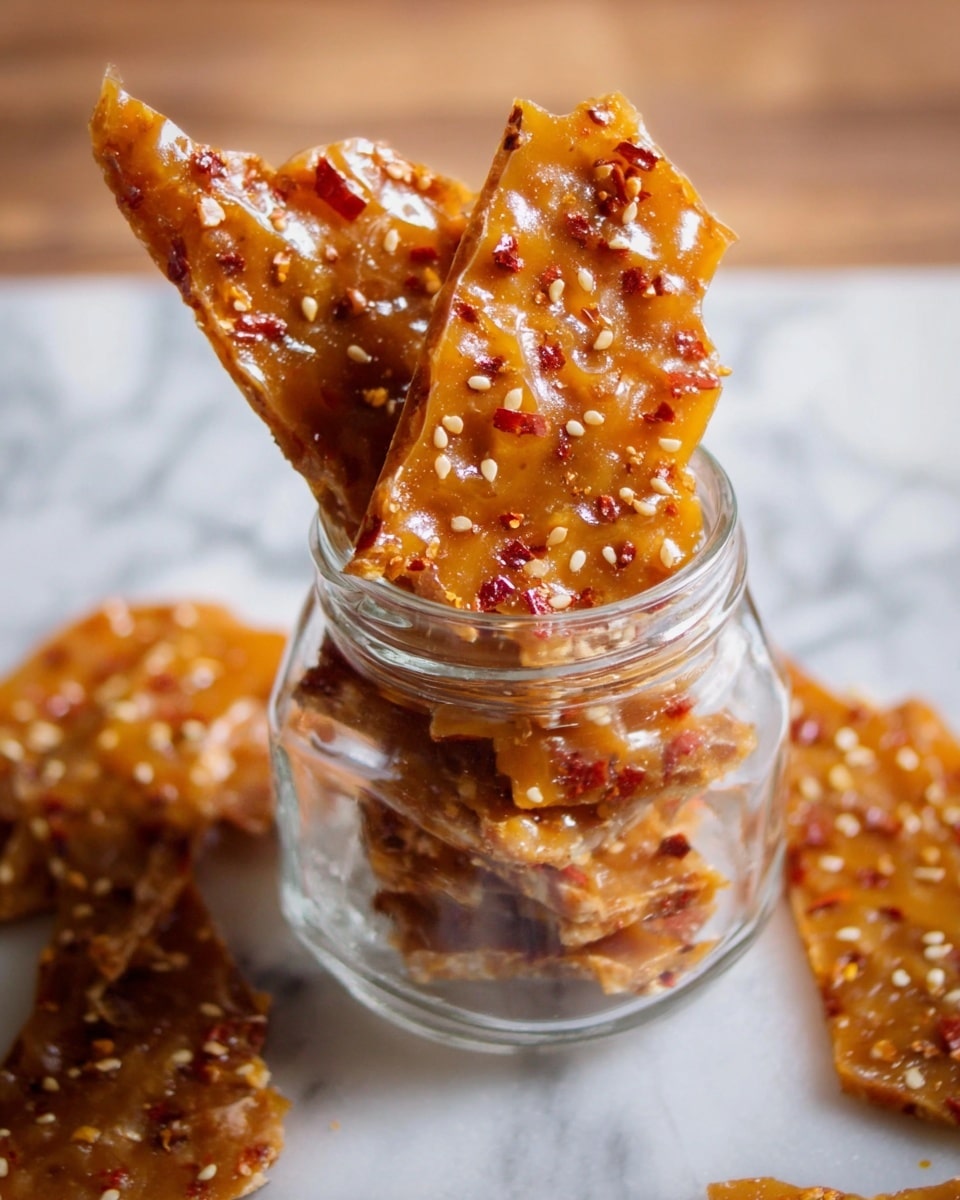 The image shows a clear glass jar filled with golden-brown brittle that has visible red chili flakes and small white sesame seeds embedded in it. The brittle pieces are irregularly shaped and stacked upright inside the jar, with some pieces leaning out from the top. Around the jar on the white marbled surface, additional brittle pieces lie scattered, showing their glossy and crunchy texture. The warm colors of the brittle contrast with the cool tones of the jar and the white marble beneath it. photo taken with an iphone --ar 4:5 --v 7