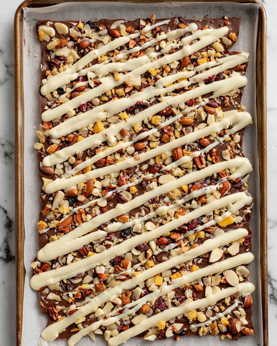 The image shows irregular-shaped chunks of nut brittle resting on a white marbled surface. Each piece has one thick base layer of dark brown chocolate studded densely with a mix of whole and chopped nuts in brown, tan, and green tones, creating a rough texture. Over the nuts is a wavy drizzle of thick, creamy white chocolate running across the pieces horizontally. A woman's hand with visible fingertips is picking up one piece, highlighting the dense texture and layered contrast between the dark chocolate and white drizzle. Photo taken with an iphone --ar 4:5 --v 7