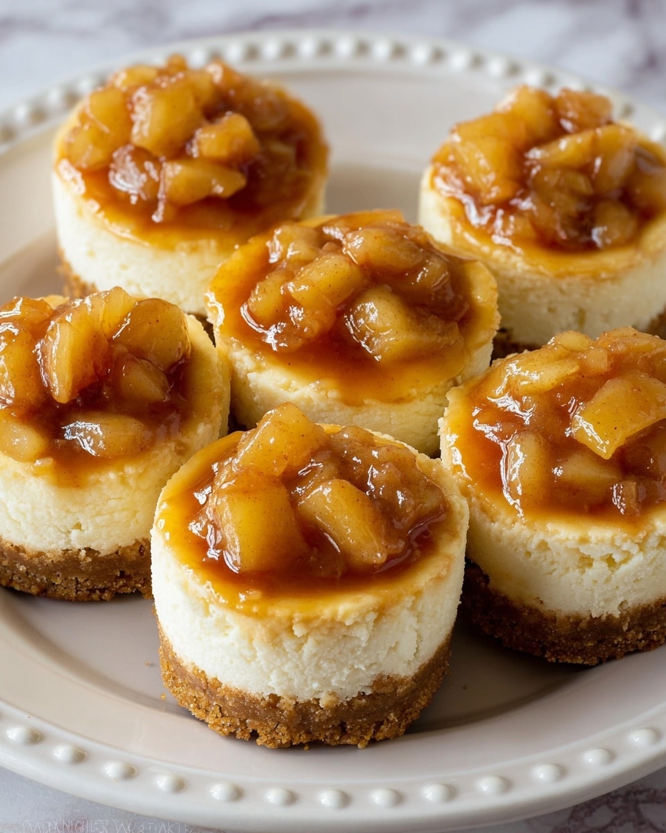 The image shows five small cheesecakes arranged in a circle on a white plate with a dotted rim. Each cheesecake has three layers: a bottom crumbly golden brown crust, a middle smooth and creamy white cheese layer, and a top layer of glossy, chunky apple topping with a warm amber-brown color and visible small apple pieces. The texture on top looks sticky and shiny, and the cheesecakes are close to each other but not touching. The background is a white marbled texture. Photo taken with an iphone --ar 4:5 --v 7